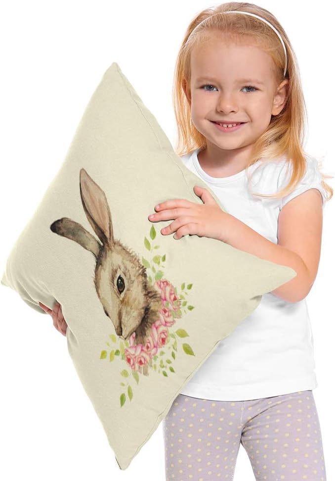 Moslion Bunny Pillows Decorative Pillow Case Sketch of Cute Animal Rabbit with Pink Rose Flowers Green Leaves for Easter Throw Pillow Cover Square Cushion Accent Cotton Linen Home 18x18 Inch Brown - Image 4